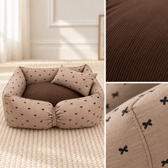 Bow Print Bolster Pet Bed – Taupe