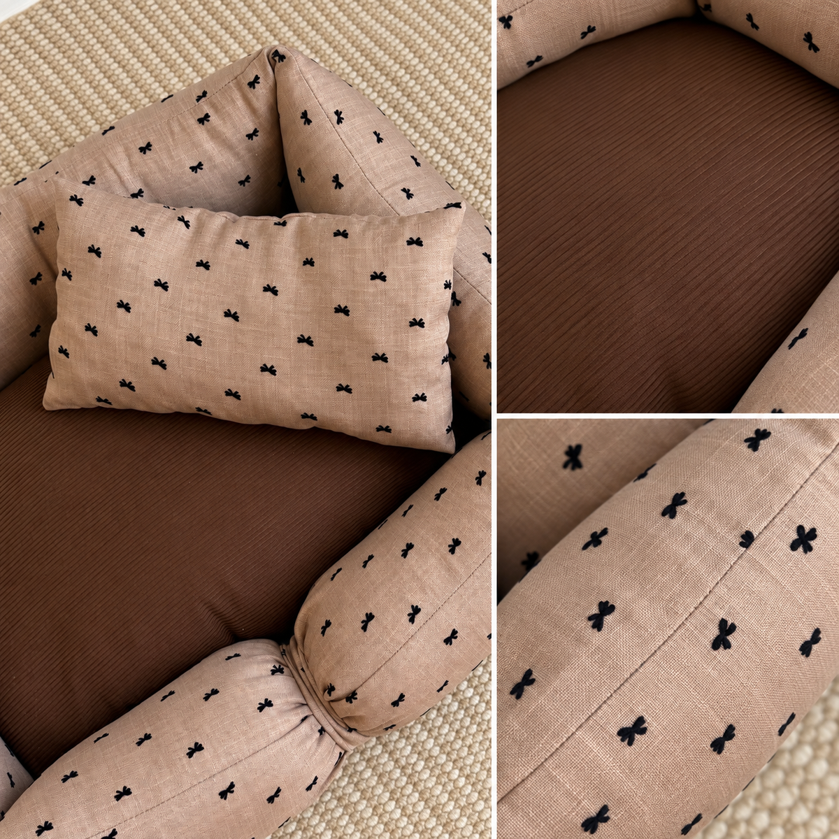 Bow Print Bolster Pet Bed – Taupe
