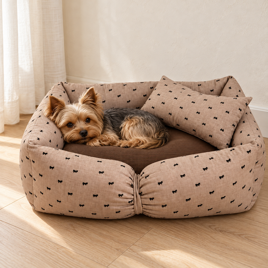 Bow Print Bolster Pet Bed – Taupe