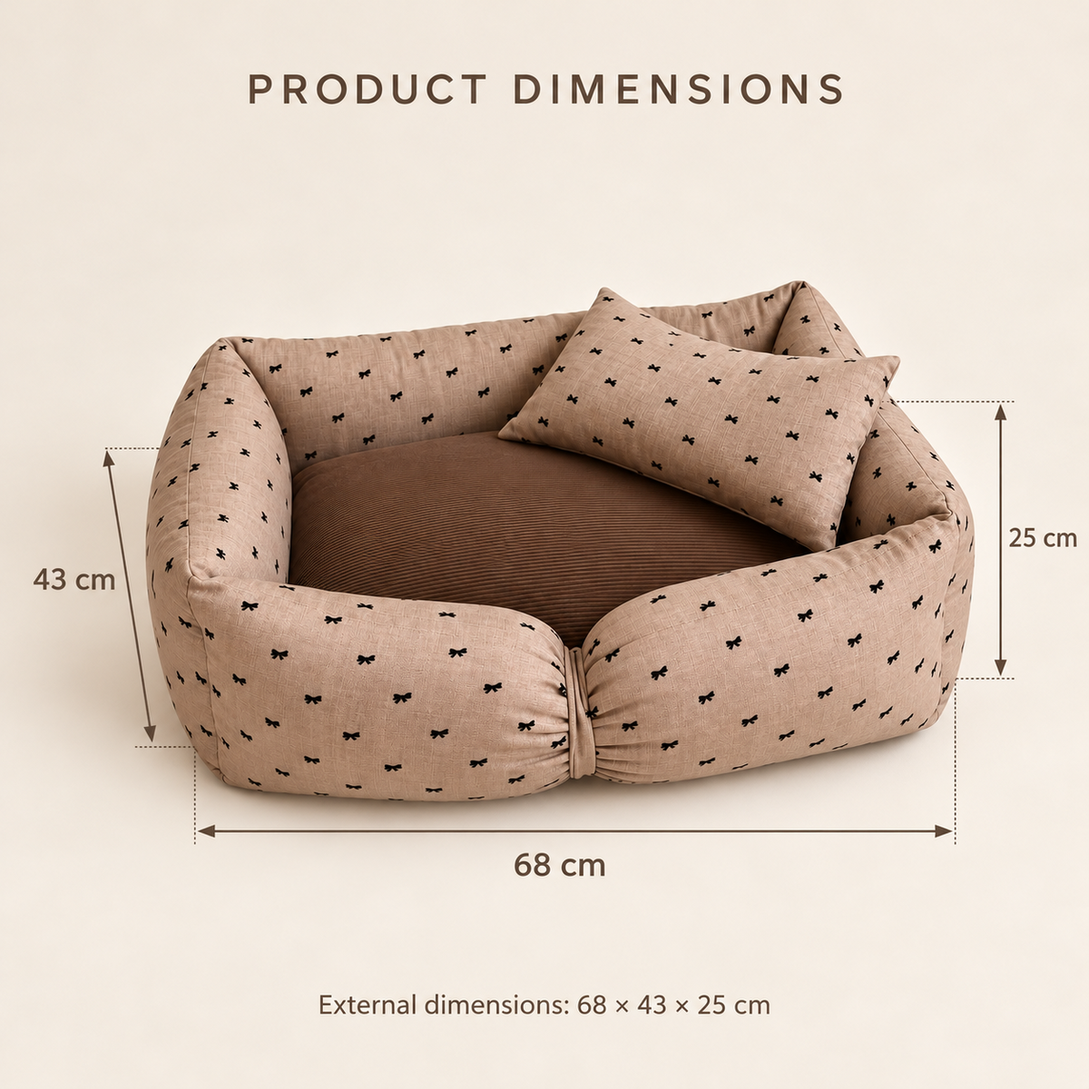Bow Print Bolster Pet Bed – Taupe