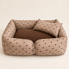 Bow Print Bolster Pet Bed – Taupe