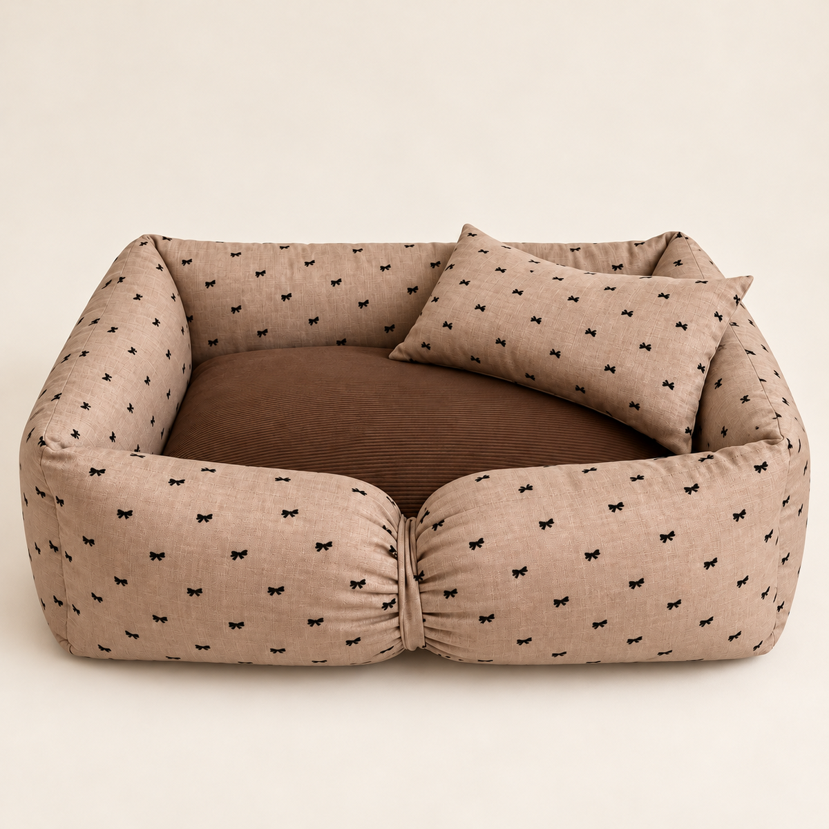 Bow Print Bolster Pet Bed – Taupe