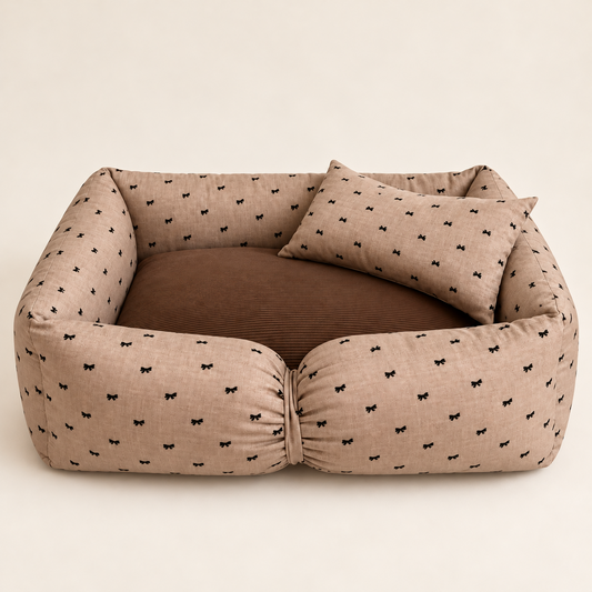 Bow Print Bolster Pet Bed – Taupe